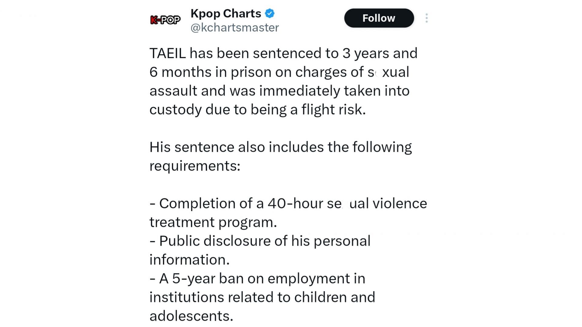 Court’s order in Taeil's case (Image via X/@kchartsmaster)